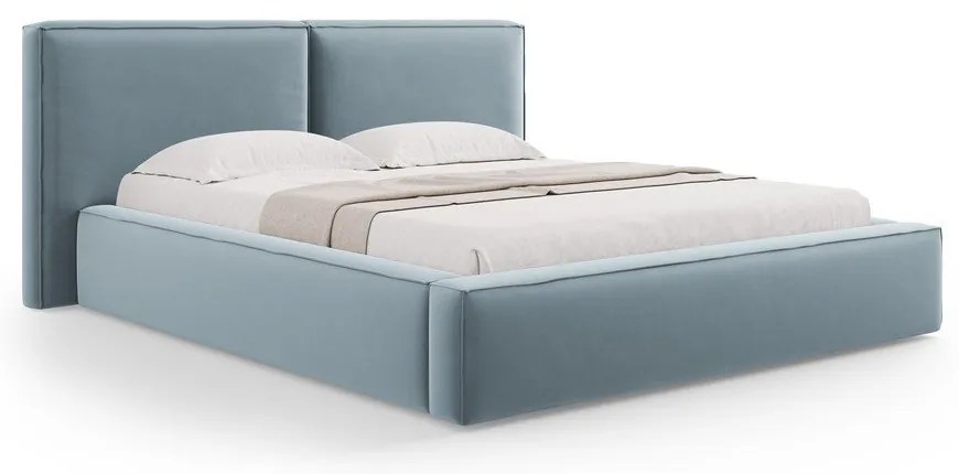 Letto matrimoniale imbottito azzurro in velluto con contenitore con rete inclusa 200x200 cm Arendal – Cosmopolitan Design