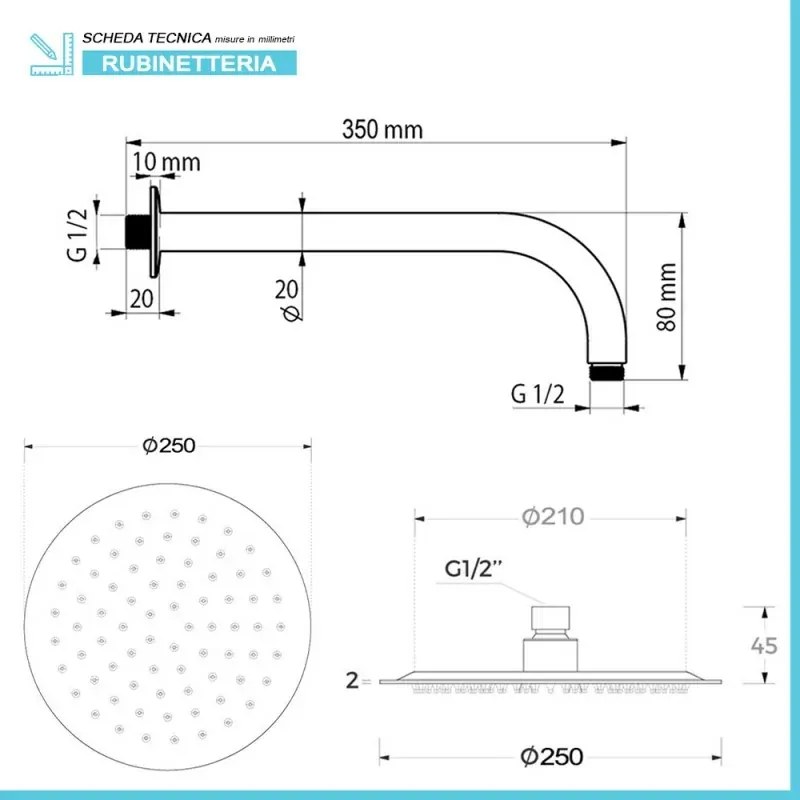 Set doccia incasso cromato con soffione 25 e kit doccia completo Gemini