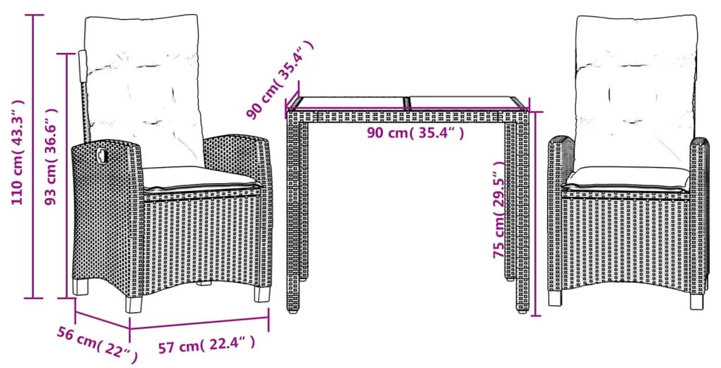 Set da Pranzo da Giardino 3 pz con Cuscini in Polyrattan Grigio