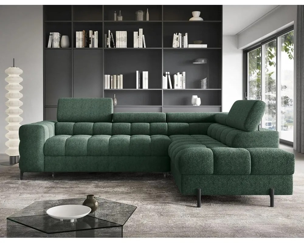 Divano angolare verde allungabile/con contenitore (con penisola a destra/a L) con rivestimento in bouclé Ferucce – ELTAP