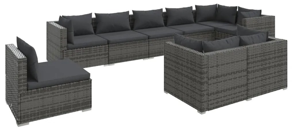 Set divani da giardino 9 pz con cuscini in polyrattan grigio