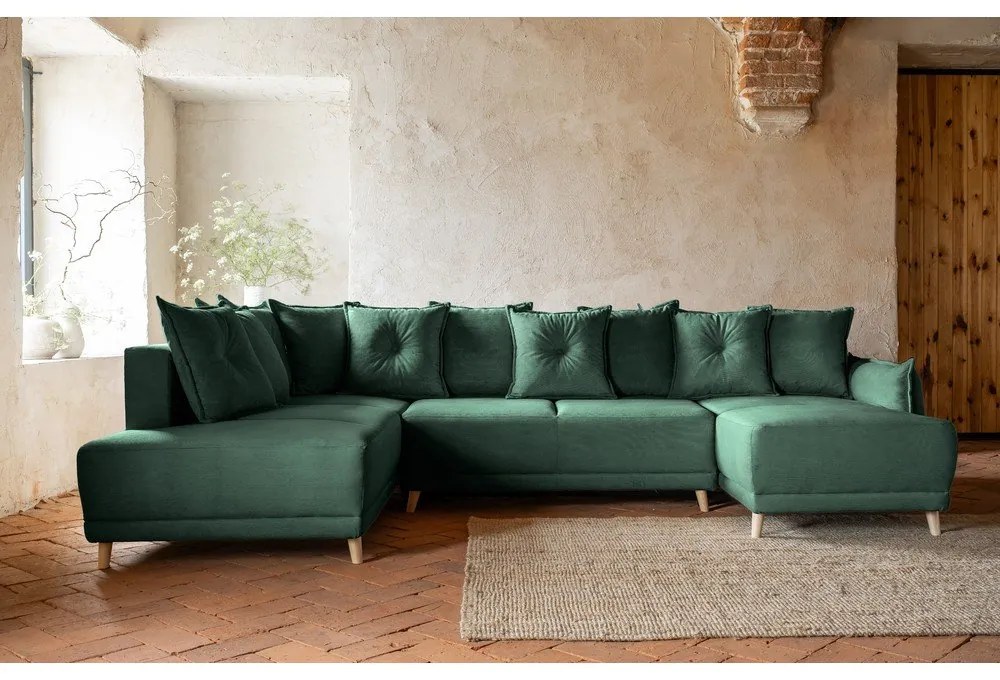 Divano letto angolare in velluto a coste verde (angolo sinistro/"U") Lazy Lukka - Miuform