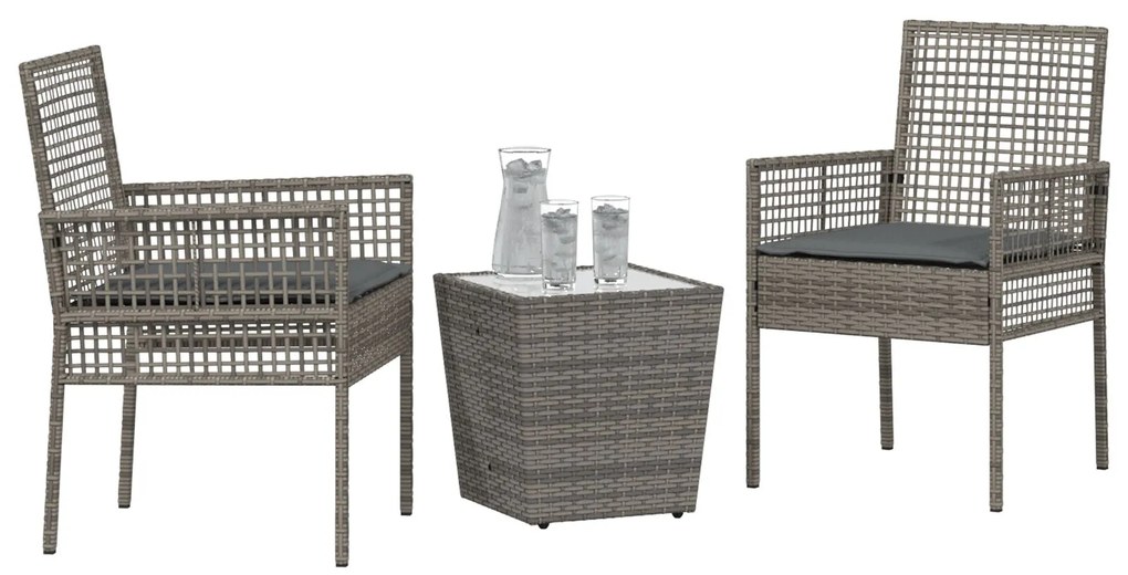 Set bistro da giardino 3 pezzi con cuscini grigio in polyrattan