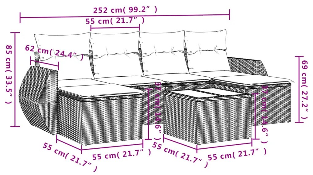 Set divani da giardino 7 pz con cuscini grigio in polyrattan