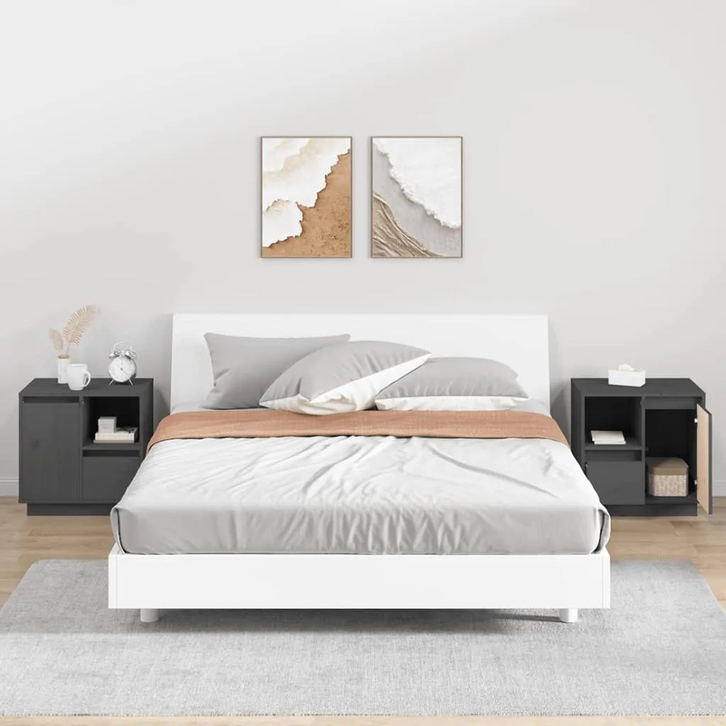 Comodini Grigi 2 Pz 50x34x50 Cm İn Legno Massello Di Pino /