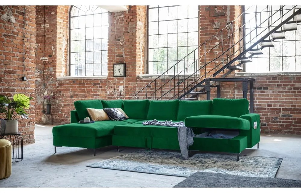 Divano letto a U in velluto verde, angolo sinistro Lofty Lilly - Miuform