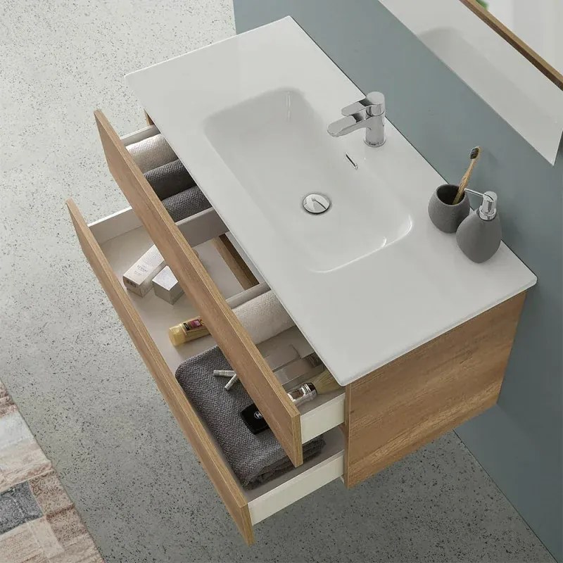 Mobile bagno sospeso 100 cm rovere naturale completo con lavabo Nadia