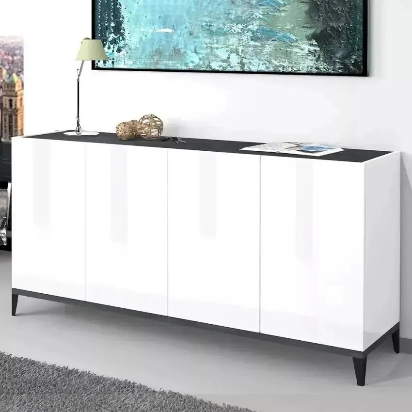 Credenza Sunrise - Sideboard con 4 Ante in Bianco Lucido - Dimensioni 160 x 40 x 82 cm