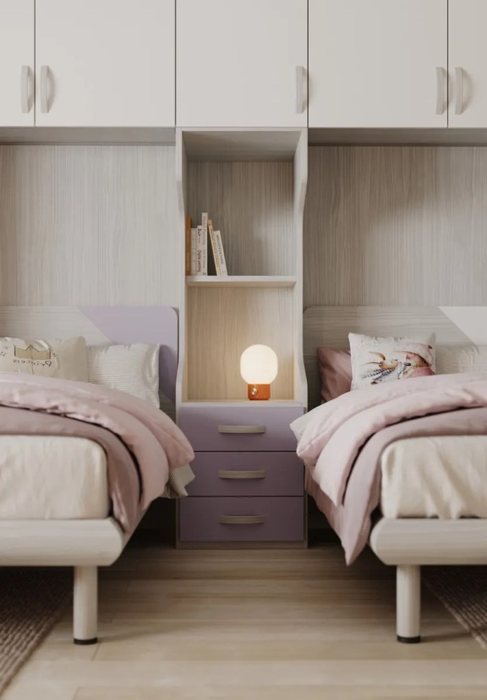 Cameretta David linea Fly finitura Cenere Wood, Bianco e Malva