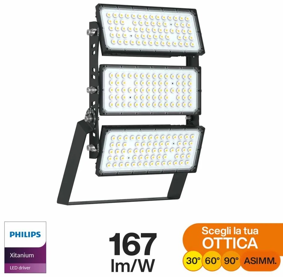 Faro Modulare LED 600W IP66, 167lm/W, No Flickering con driver Philips Colore Bianco Naturale 4.000K, Scegli l'angolo di illuminazione 60°, Scegli le staffe dei moduli Orientabili