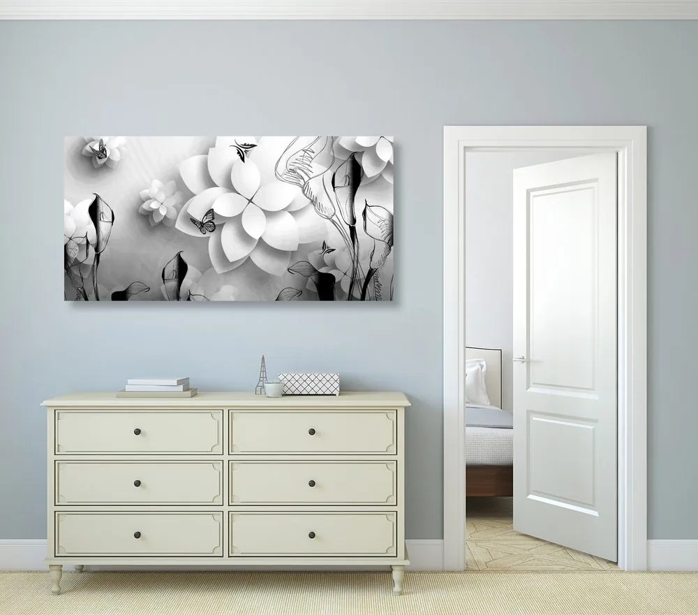Stampa su tela – Fiori astratti in bianco e nero