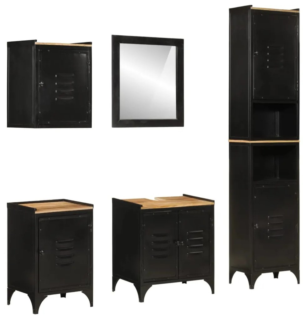 Set Mobili Da Bagno 5 Pz İn Ferro E Legno Massello Di Mango /
