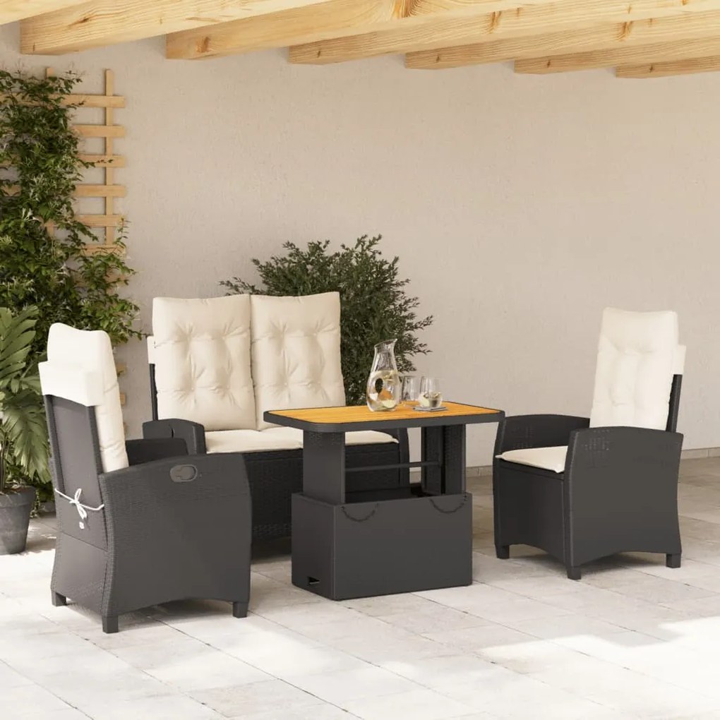 Set da pranzo da giardino 4 pz con cuscini nero in polyrattan