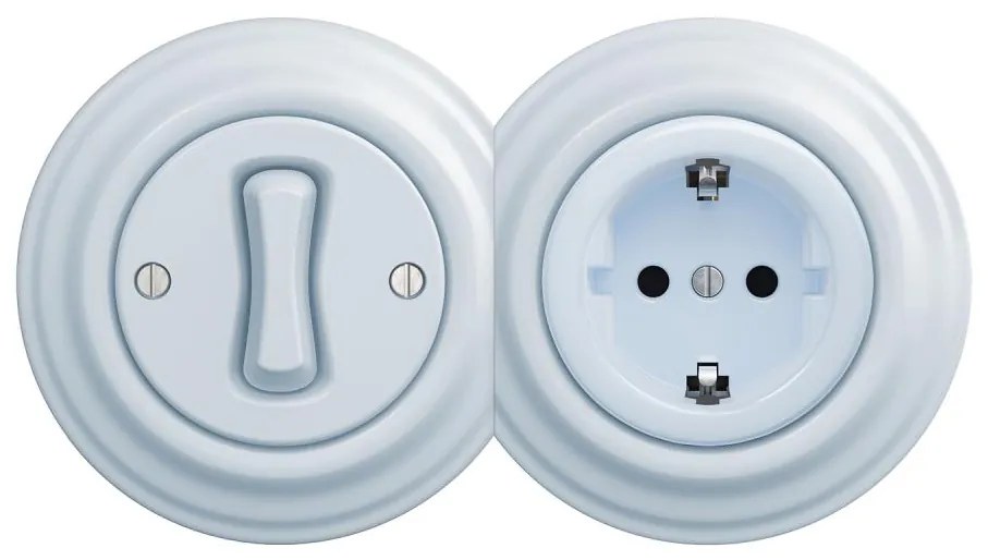 Kliklap - Interruttore unipolare retrò n. 1 e presa SCHUKO 230 V con placca, blu