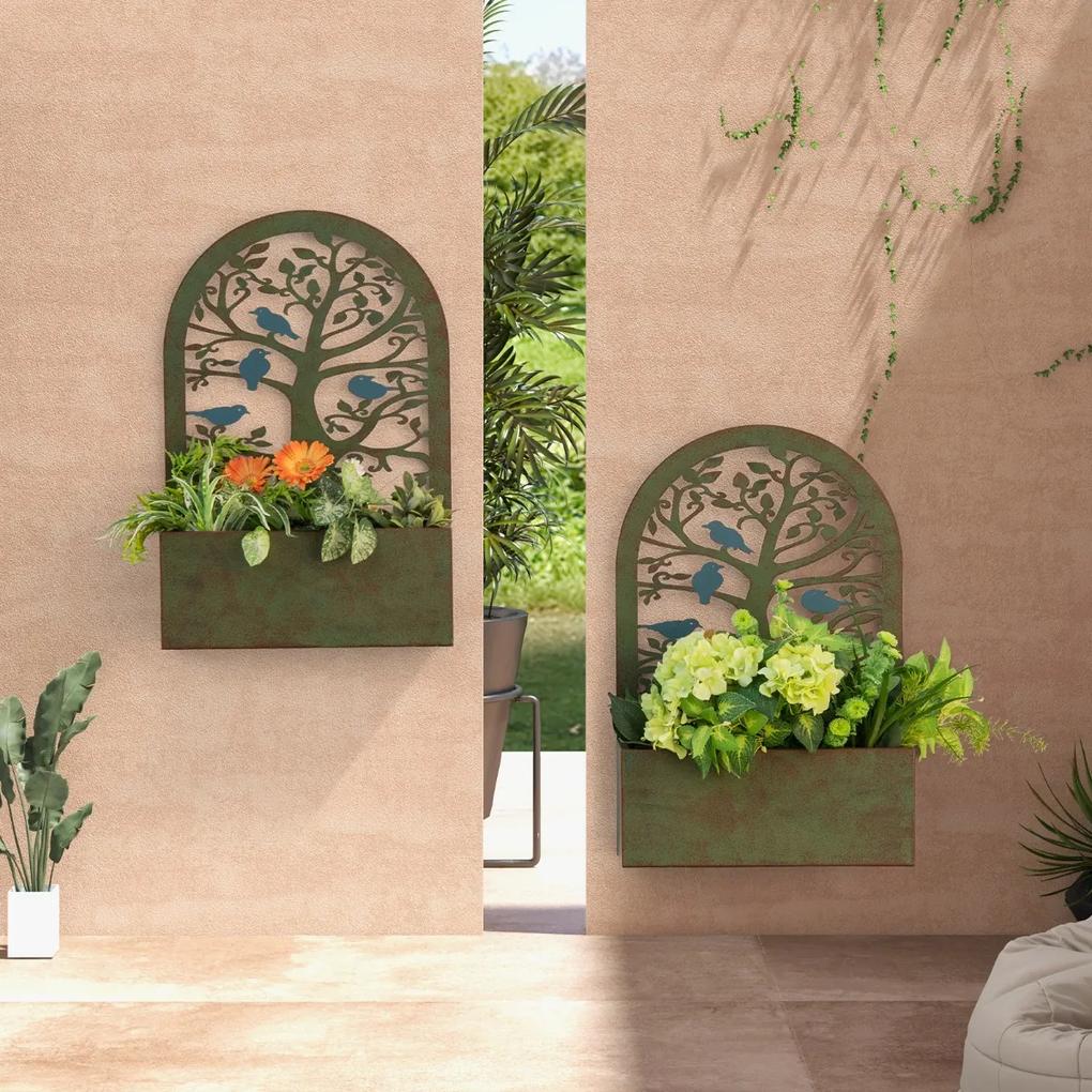 Costway Set di 2 fioriere rialzate con grigliati in metallo spalliera per piante, Fioriere a muro da esterno Verde scuro