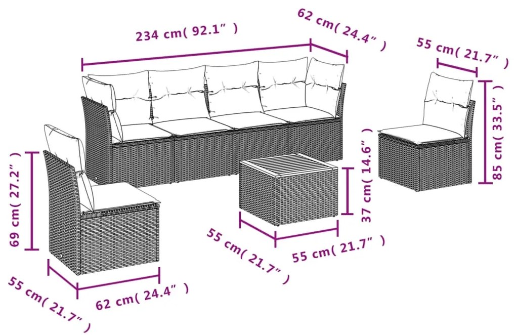 Set divani da giardino con cuscini 7pz nero polyrattan