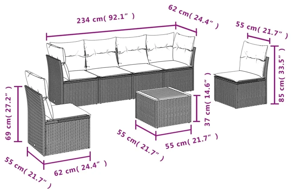 Set divani da giardino con cuscini 7pz nero polyrattan
