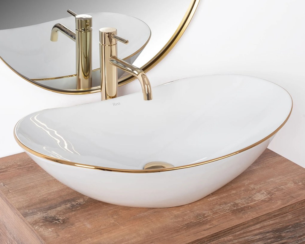 Set Lavabo da appoggio Royal gold edge + Rubinetto da bagno Lungo gold + Tappo gold