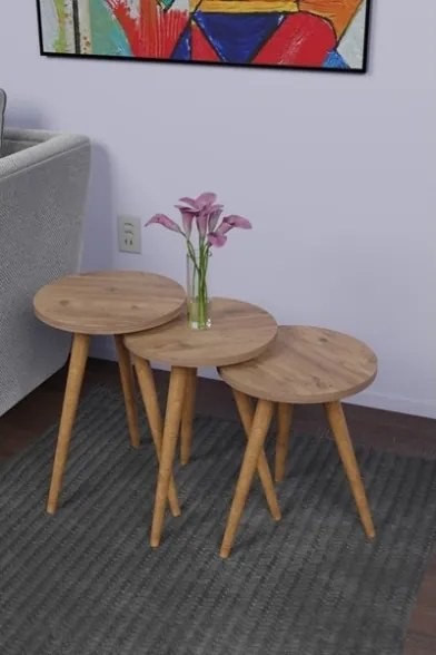 Set 3 Tavolini Decorativi Da Salotto Gambe Legno Aphrodite Rovere