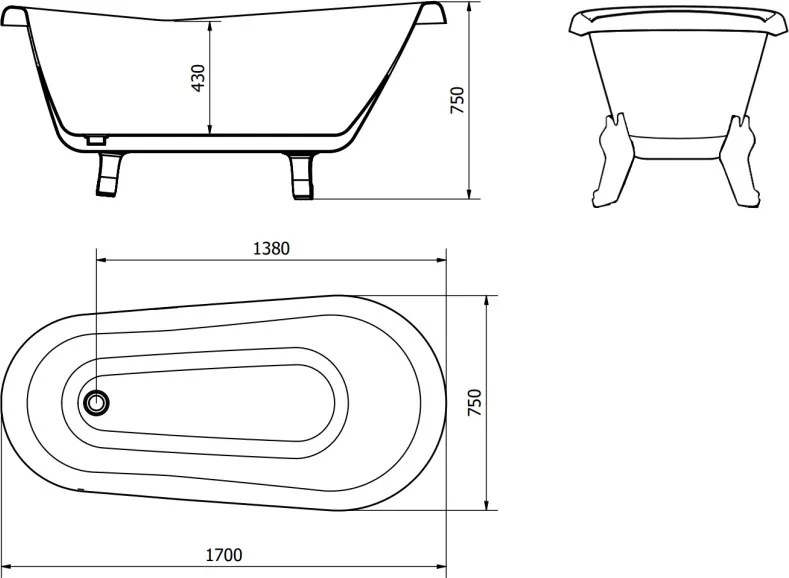 Mexen Retro vasca da bagno freestanding 170 x 75 cm, bianca, gambe dorate - 53251707500-50