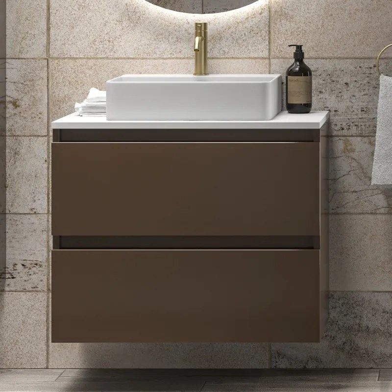 Mobile bagno sospeso 80 cm con due cassetti e piano bianco solid surface TOD-80SS - KAMALU