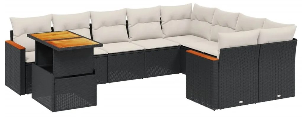 Set divani da giardino 10pz con cuscini in polyrattan nero