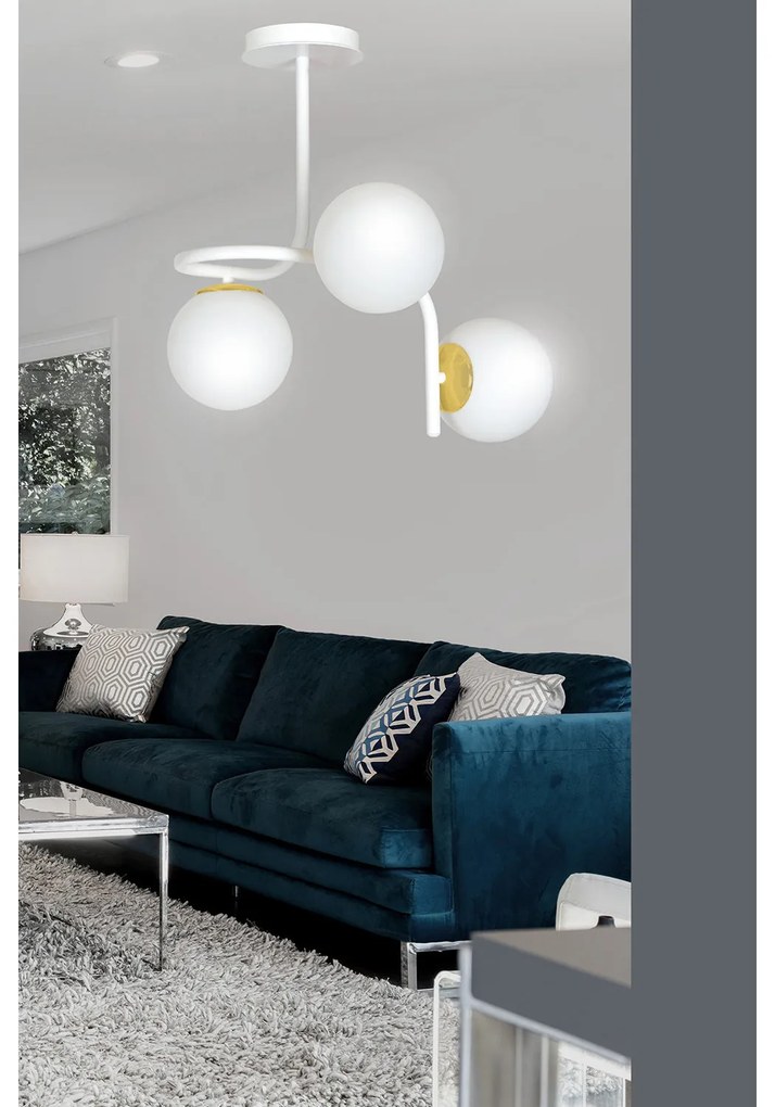 Lampadario 3 Luci Kalf In Acciaio Bianco A Bracci E Sfere In Vetro Opalino E Oro