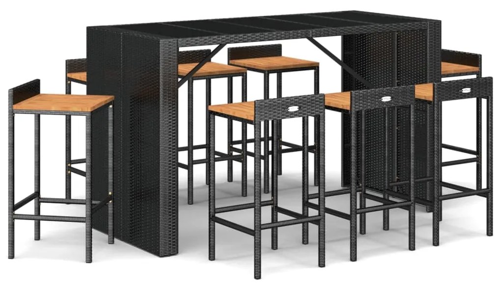 Set bar giardino 9 pz nero polyrattan e legno massello acacia