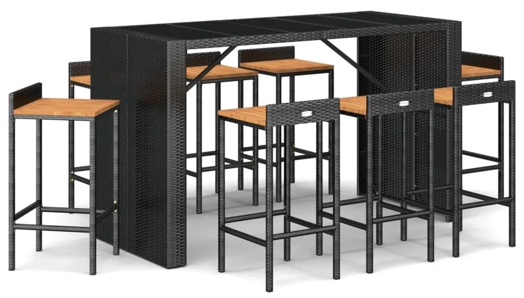 Set bar giardino 9 pz nero polyrattan e legno massello acacia