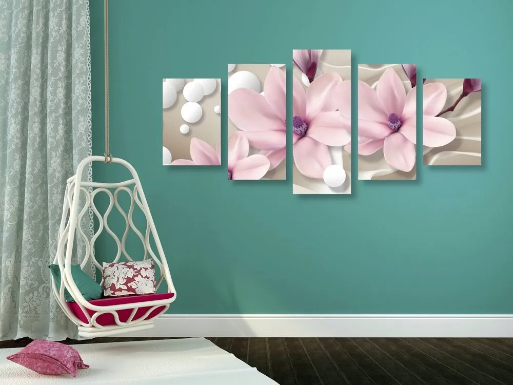 Quadri 5 pezzi – Magnolia su sfondo astratto