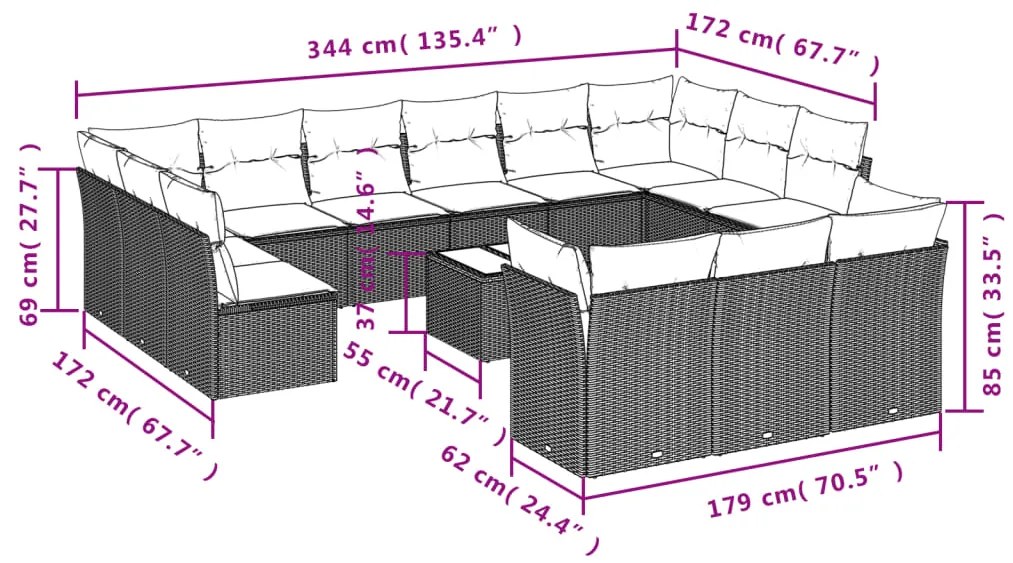 Set divani da giardino 14pz con cuscini in polyrattan grigio