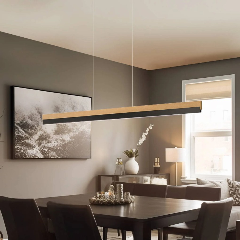 Lampada a sospensione Quitani LED Keijo, nero/quercia, lunghezza 123 cm