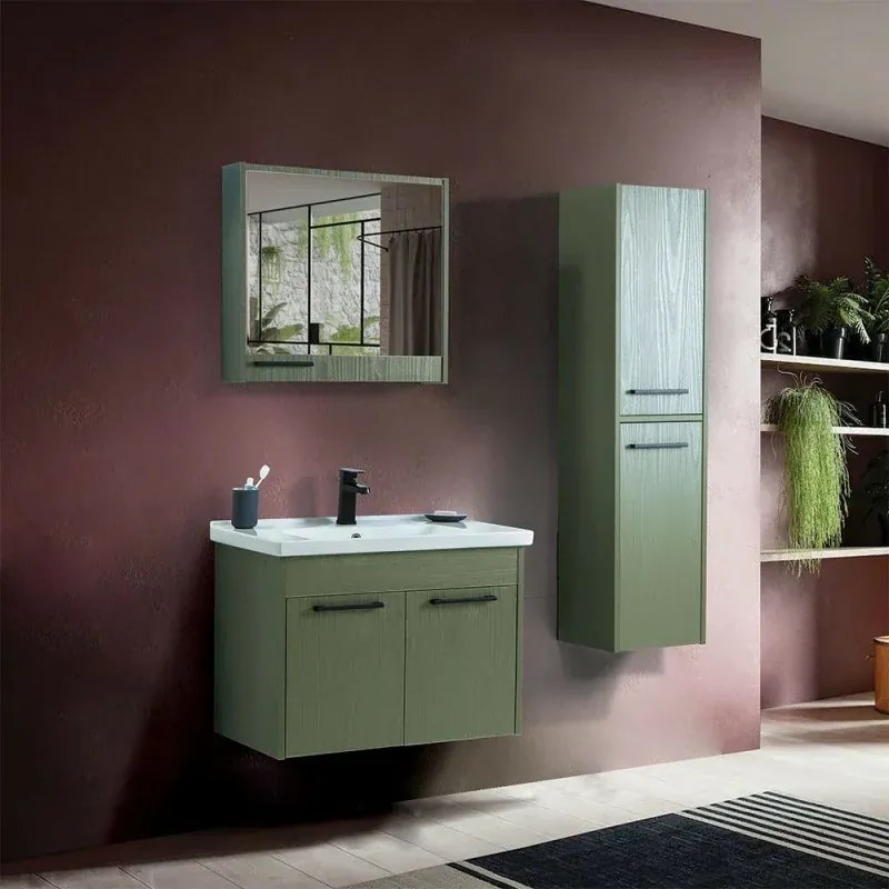 Mobile bagno sospeso 65 cm verde effetto legno con armadietto a specchio Sofia