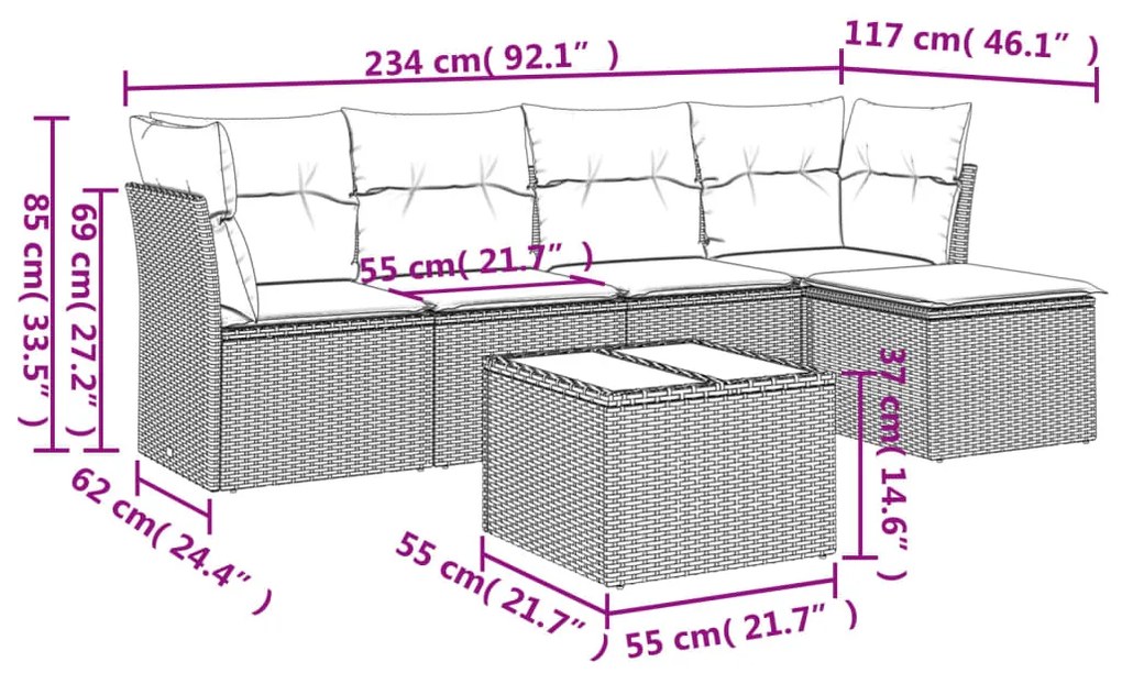 Set divano da giardino 6 pz con cuscini grigio in polyrattan