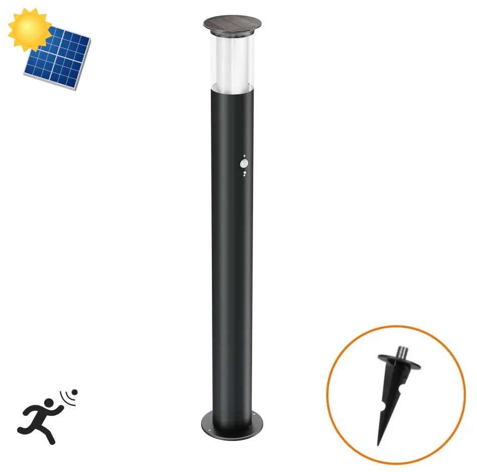Paletto Solare 80cm in Acciaio Nero con Sensore Movimento e Picchetto Colore Bianco Naturale 4.000K