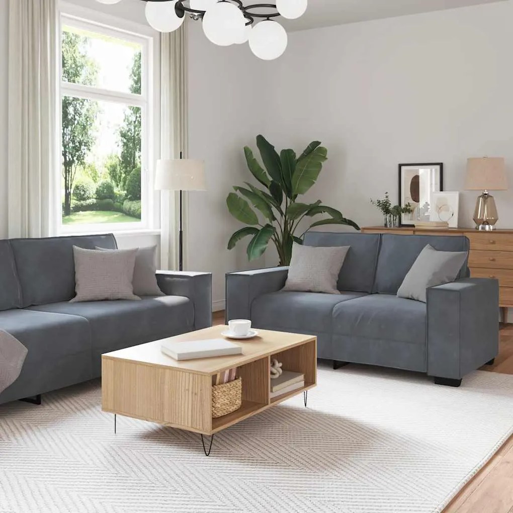 Set Di Divani 2 Pz Con Cuscini Grigio Scuro İn Velluto /