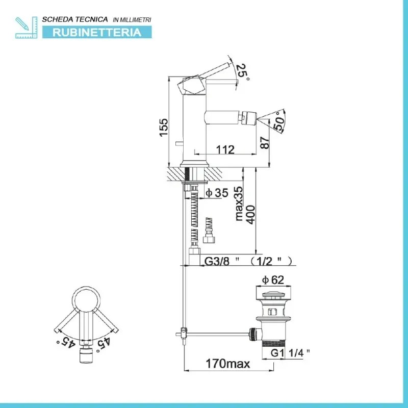 Rubinetto bidet cromato serie Manola incluso di piletta
