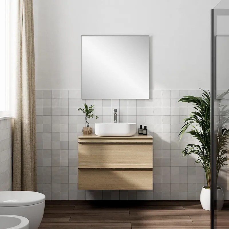 Mobile Linea L80 H55 P45 in laminato rovere natura 2 cassetti a chiusura ammortizzatacon e top per lavabo in appoggio