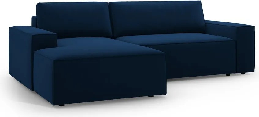 Divano angolare blu scuro allungabile/con contenitore (con penisola a sinistra/con chaise lounge) con rivestimento in velluto Jodie – Micadoni