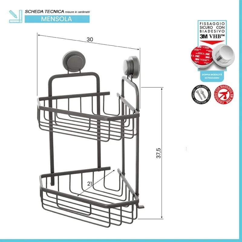 Griglia doccia portaoggetti angolare in acciaio canna di fucile doppio fissaggio