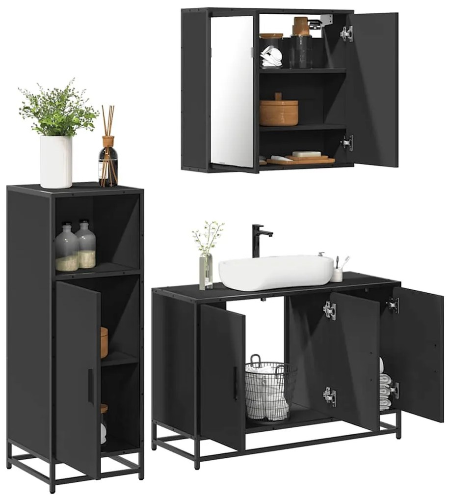 Set Mobili Da Bagno 3 Pz Nero İn Legno Multistrato /
