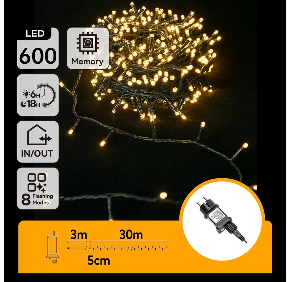 Aigostar - Catena LED natalizia da esterno 600xLED/8 funzioni 33m IP44 bianco caldo