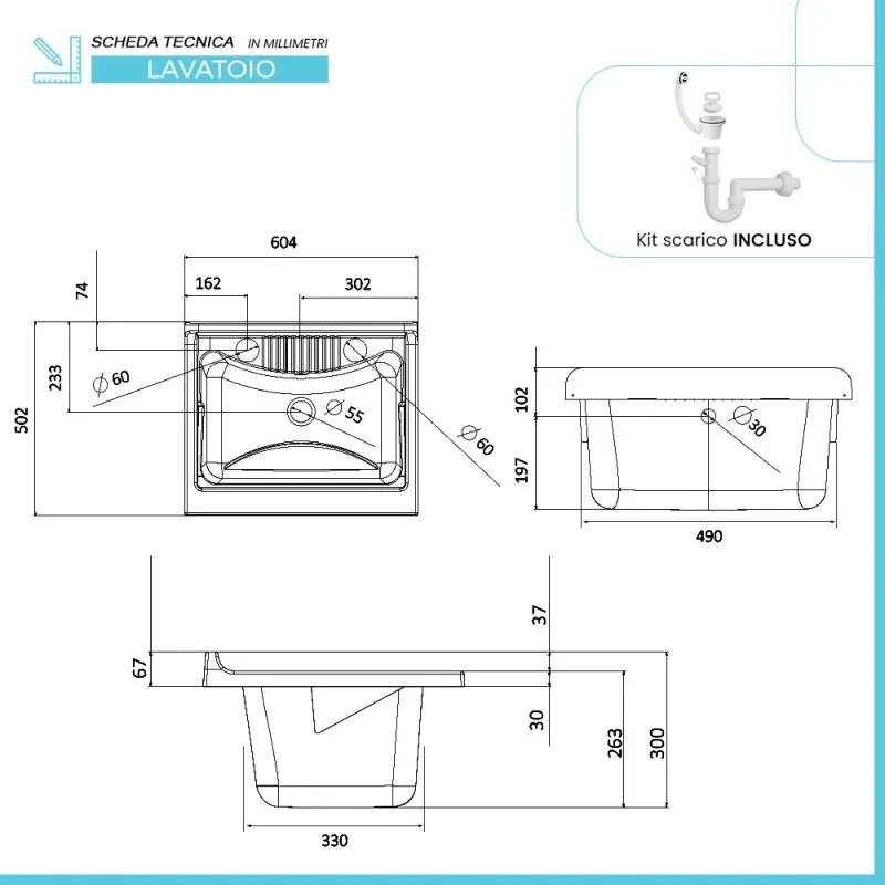 Mobile lavatoio 60x50 cm vasca in resina con asse e kit di scarico