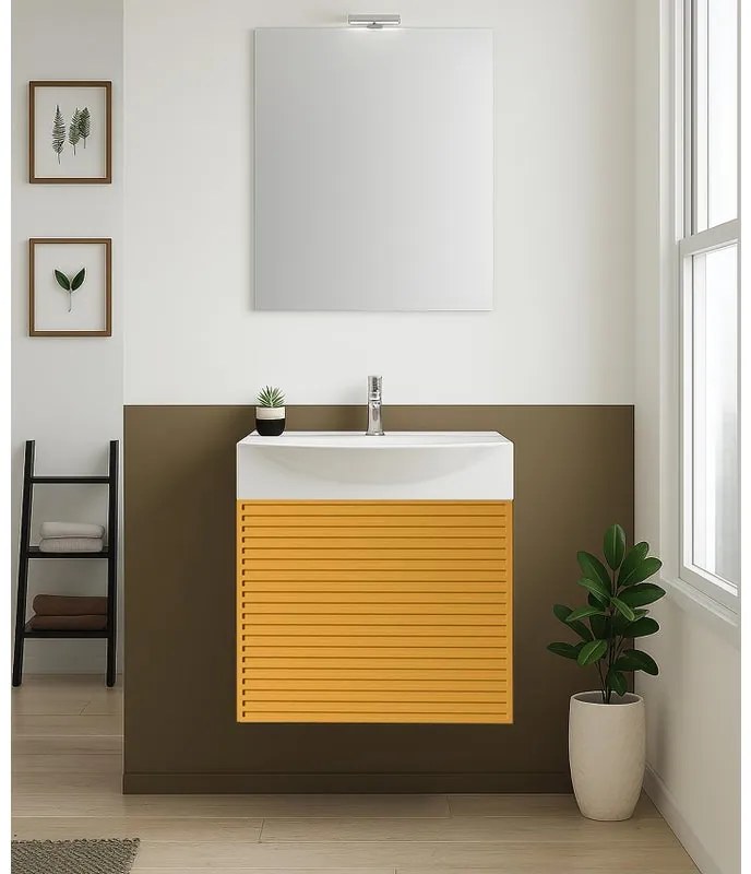 Mobile bagno con lavabo e specchio e illuminazione L 50 x H 58 x P 40 cm laccato opaco senape, 1 anta per vasca centrale Mini50s