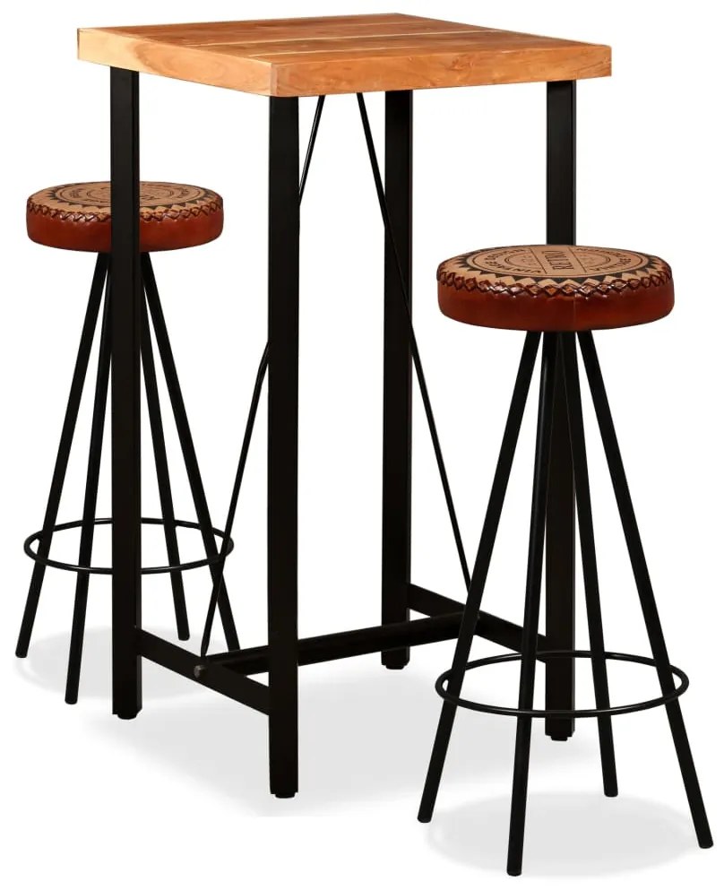 Set Da Bar 3 Pz İn Legno Massello Acacia İn Pelle Vera E Tela /