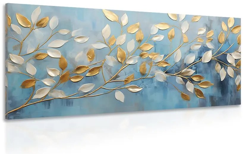 Quadro su tela – Foglie oro-bianche su sfondo blu