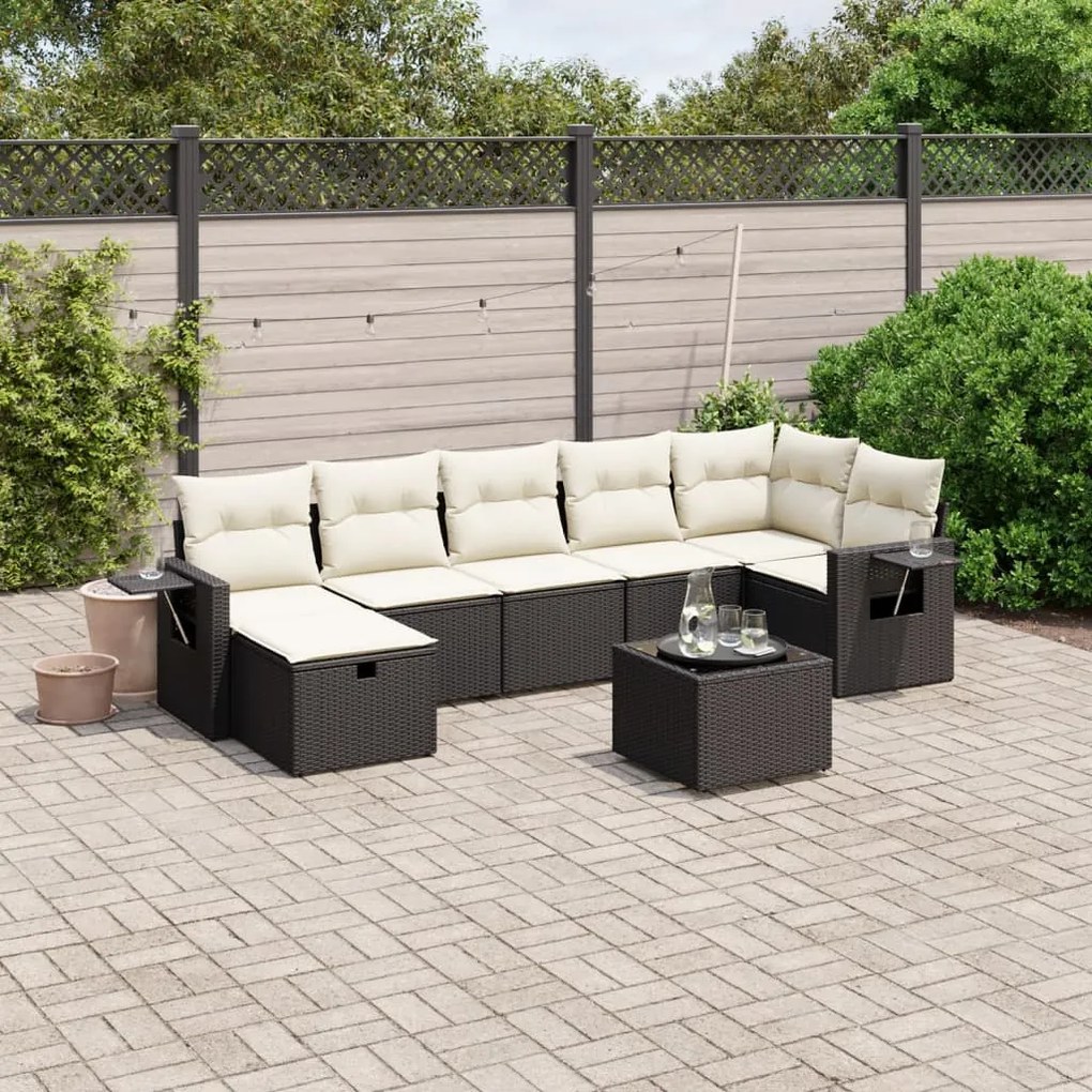 Set divani da giardino con cuscini 8 pz nero in polyrattan