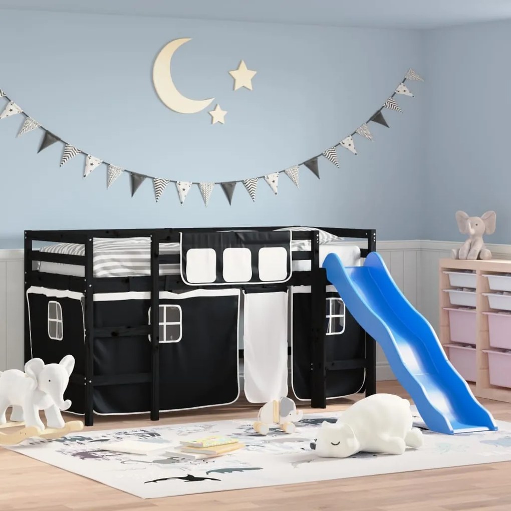 Letto A Soppalco Con Tende Bambini Bianco E Nero 80x200 Cm Pino /