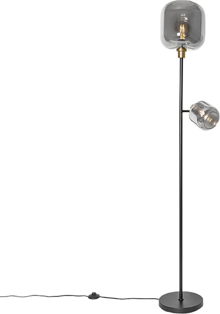 Lampada da terra nera con oro e vetro fumé 2 luci - Zuzanna