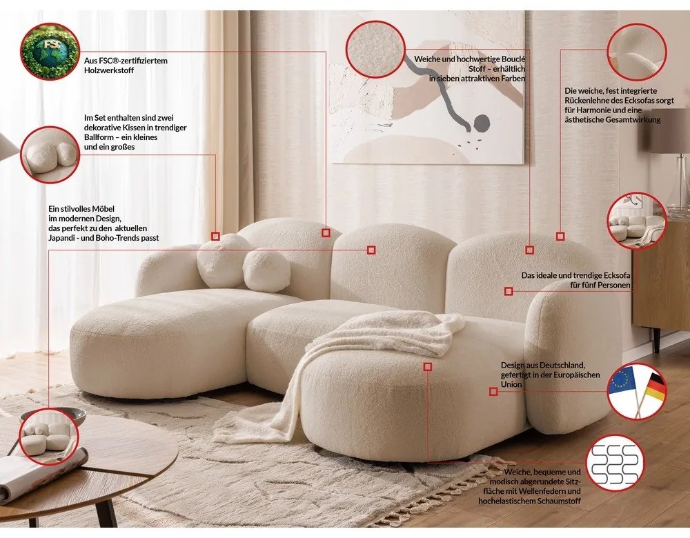 Divano angolare marrone chiaro (a U) con rivestimento in bouclé Orbit – Ropez